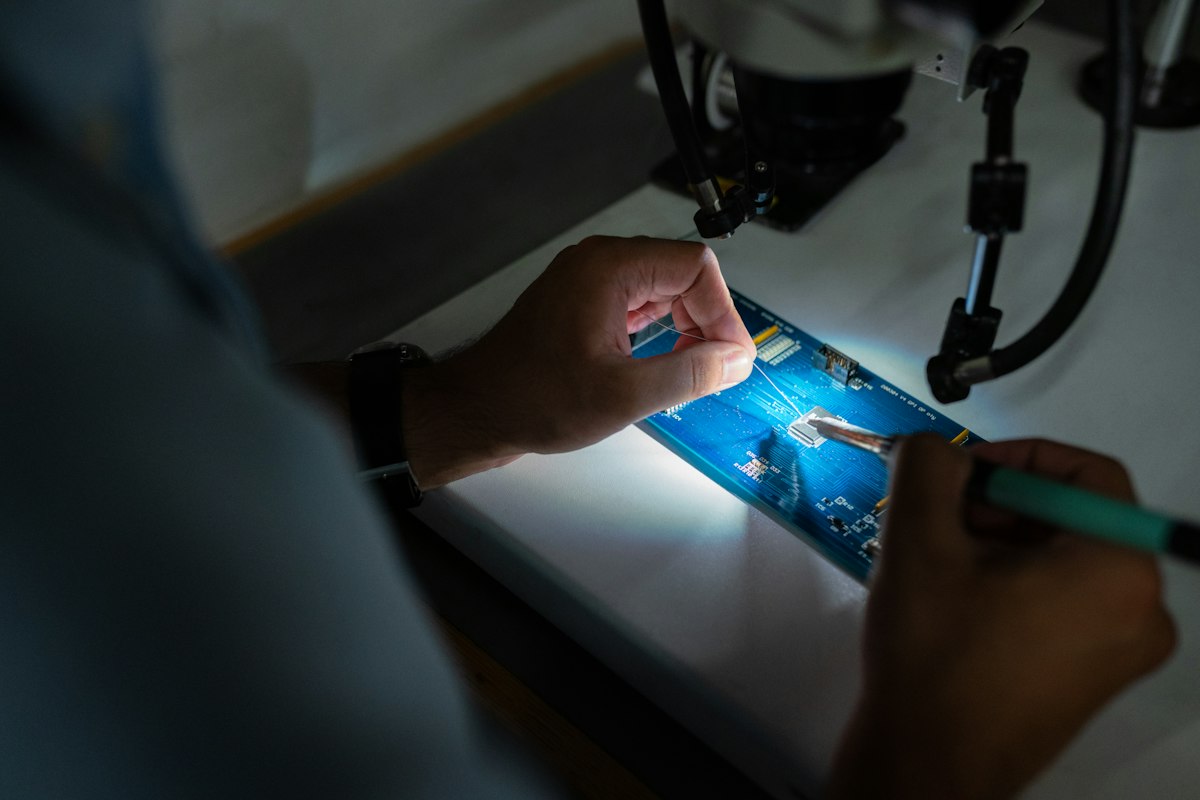 Engineer inspecting a circuit board under an inspection microscope